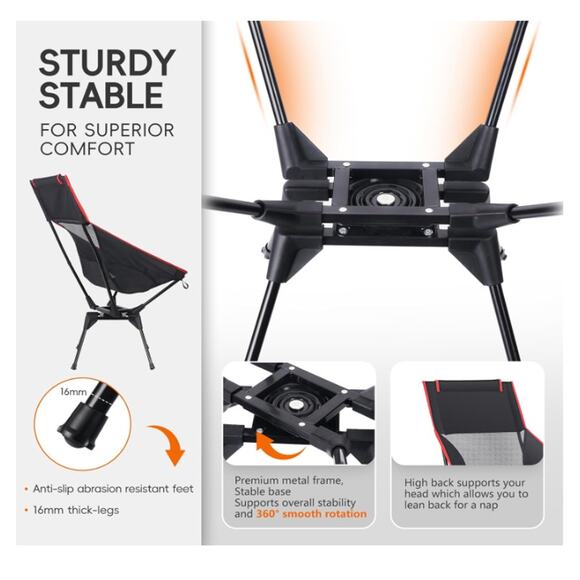 Swivel Camp Chair, High Back Folding Head Support, Side Cup Pocket, 300 lb max - Picture 2 of 8